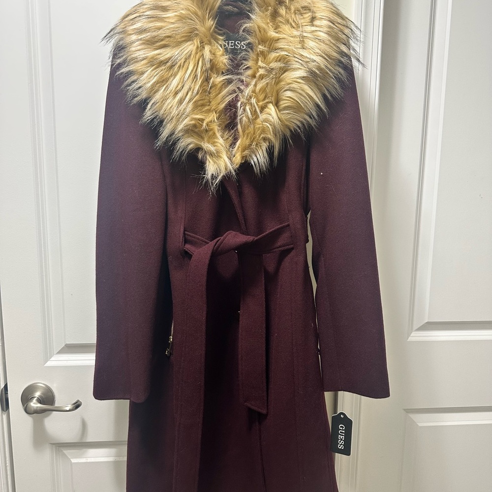 Guess Women's Deep Burgundy Trench Coat with Faux Fur Collar